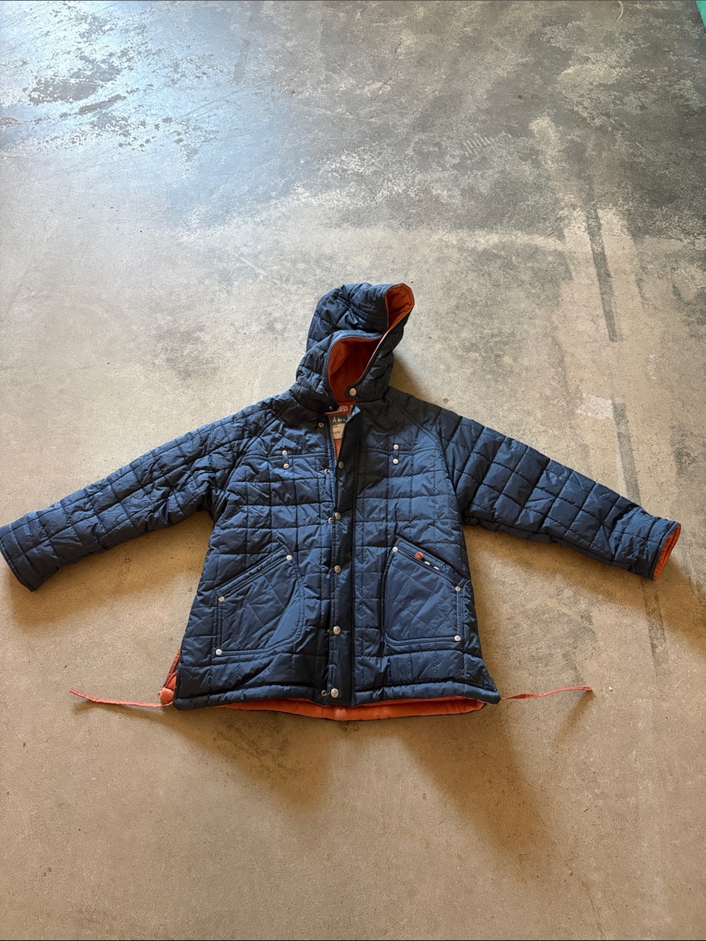 Kids la compagnie des petites quilted hooded jacket - Navy with Orange Trim
